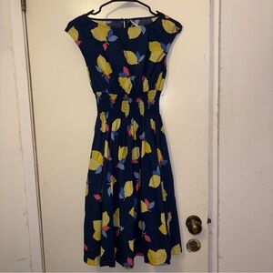 Kate Spade Navy Dress with Lemon and Pink Leaf Print